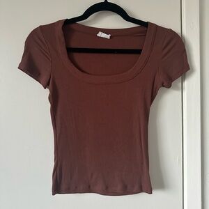 Cotton On Brown Ribbed Scoop Neck Short Sleeve Fitted Tee XS